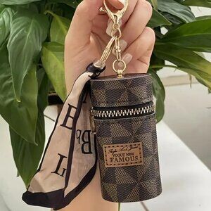 ⭐️NWT Brown Zipper Bag Charm Coin Purse Or Cosmetic Holder With Tied On Scarf